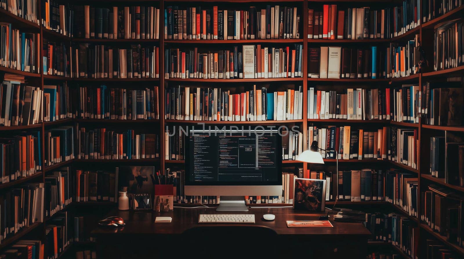 Computer displaying lines of code is sitting on a desk in a library surrounded by bookshelves full of books