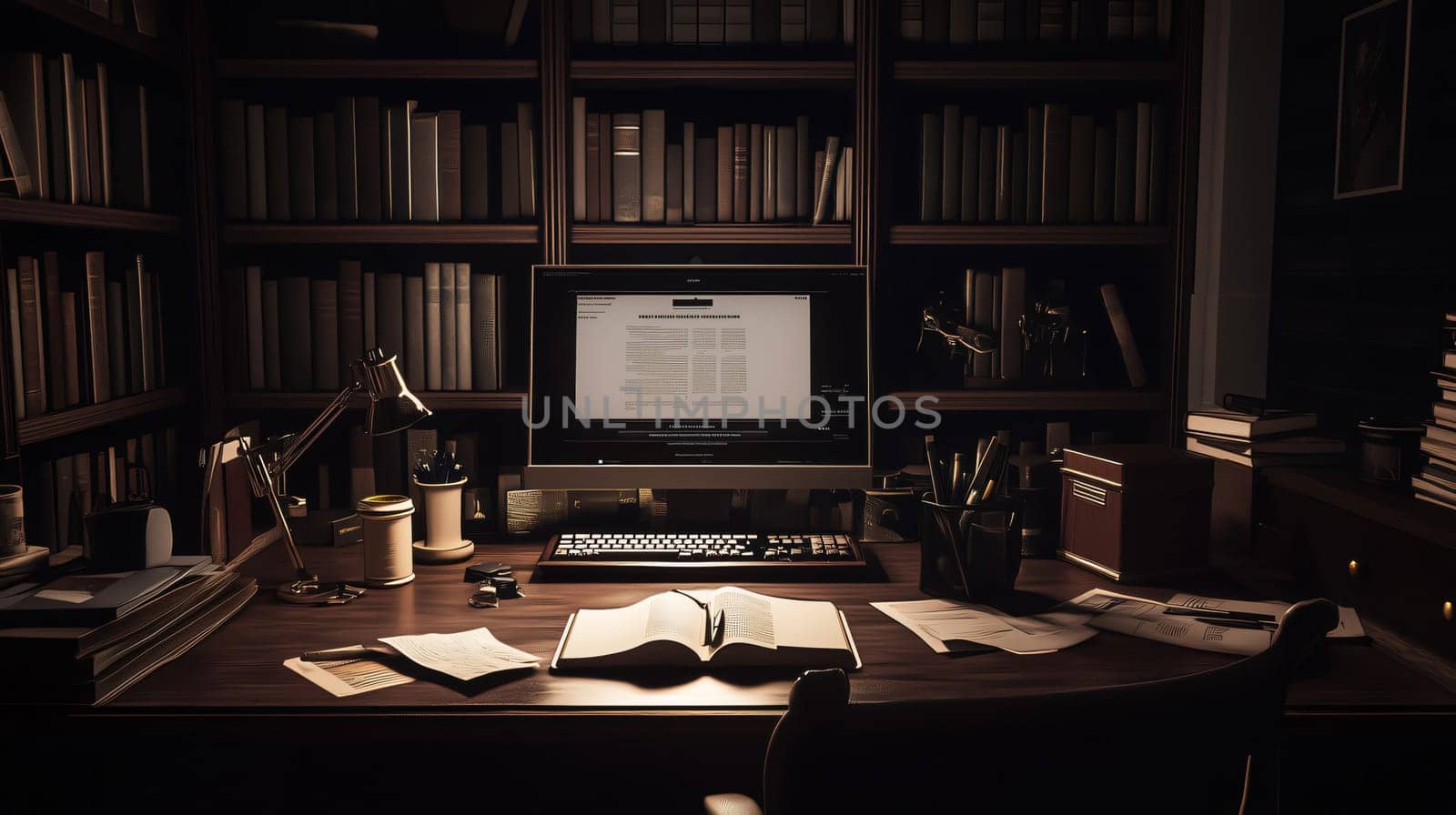 Writer is researching on his computer in his home office at night, surrounded by books and papers