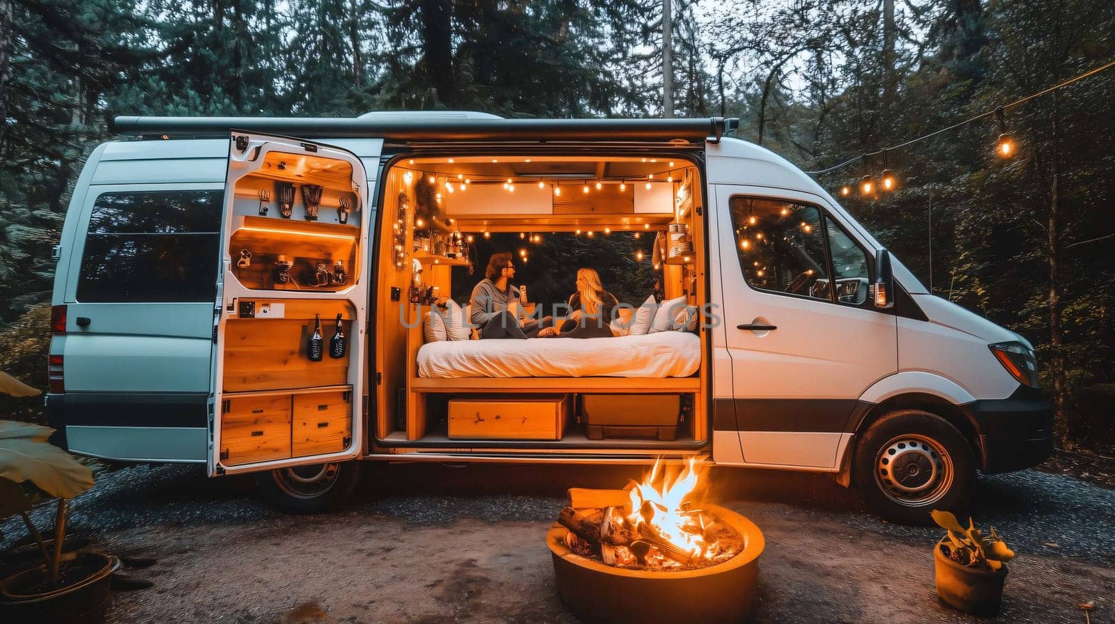 Young couple is relaxing in their camper van, enjoying a bonfire and drinks after a long day of exploring