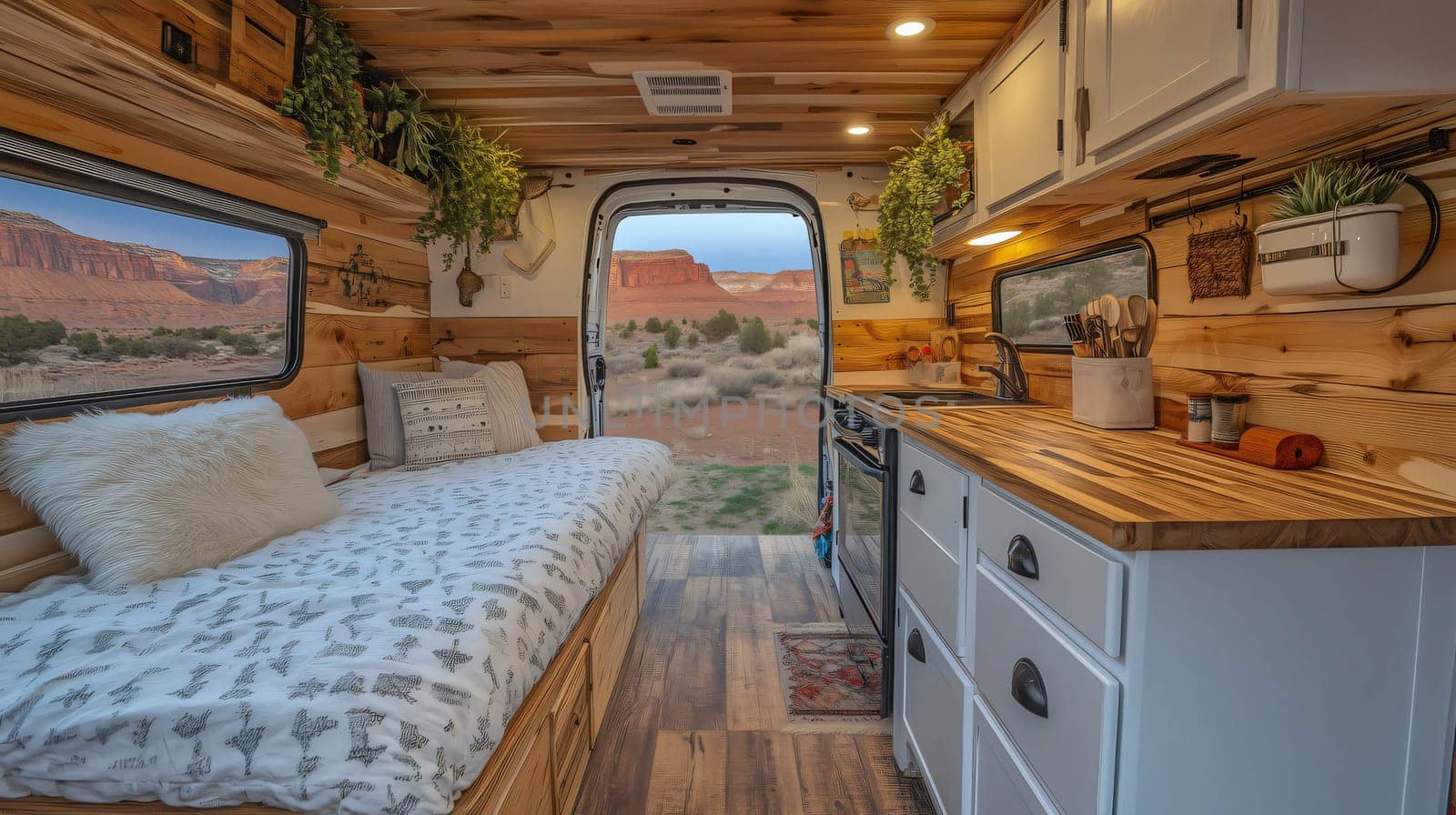 Camper van interior conversion showing a cozy living space with kitchen, bed, and open back doors revealing a scenic desert view