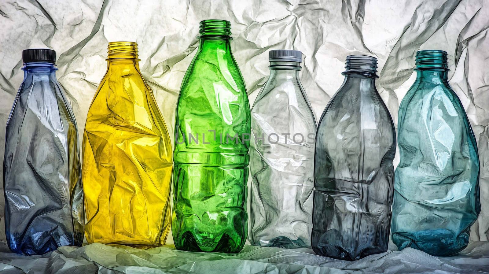 Set of colorful squashed plastic bottles is standing on a white background, bringing the concept of recycling