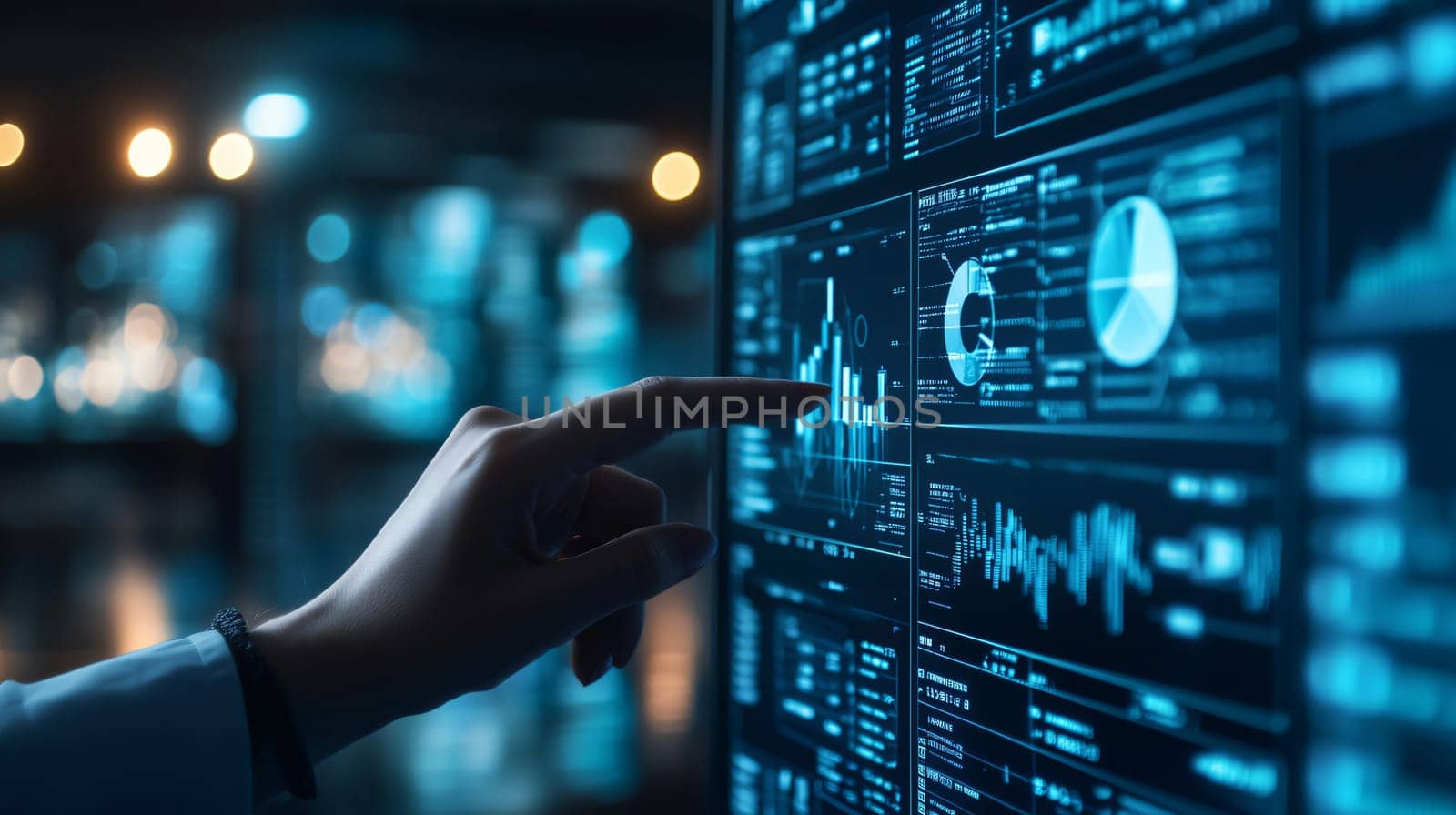 Businesswoman is pointing at a computer screen displaying financial charts and graphs