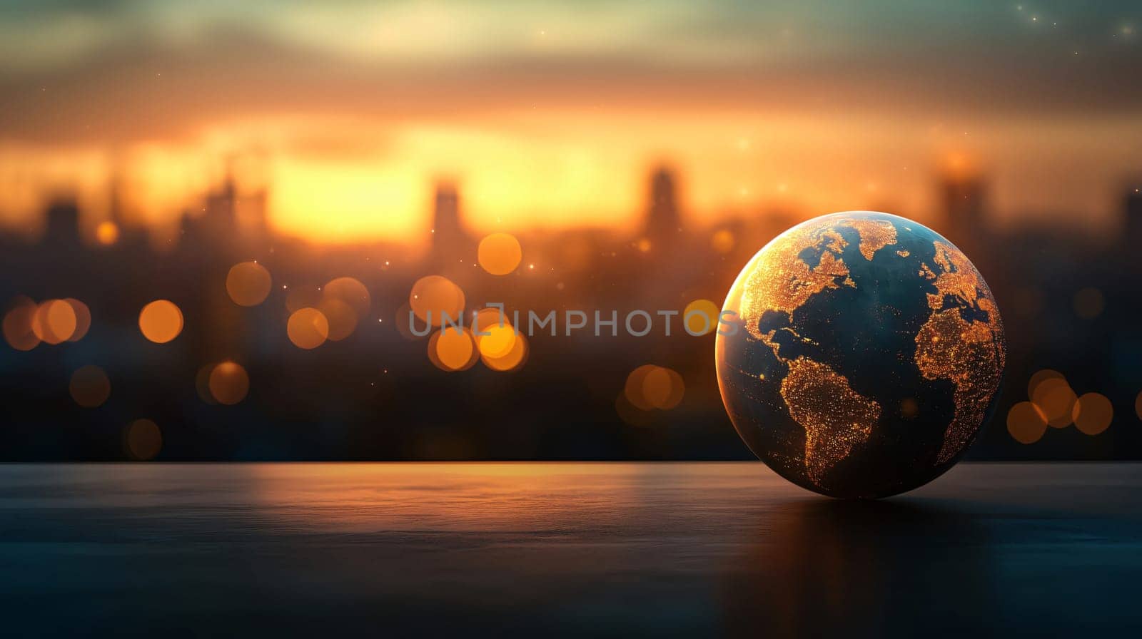 Miniature planet earth is glowing in the dark in front of a blurred city skyline at sunset