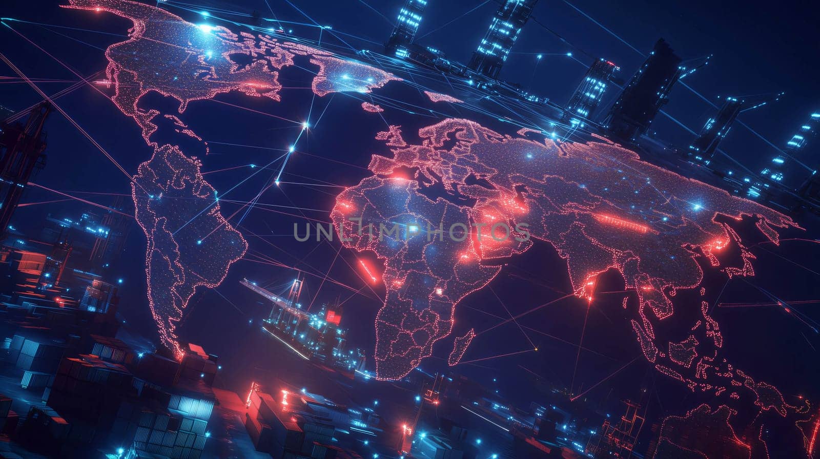 Digital world map with glowing lines connecting continents, visualizing global trade and logistics