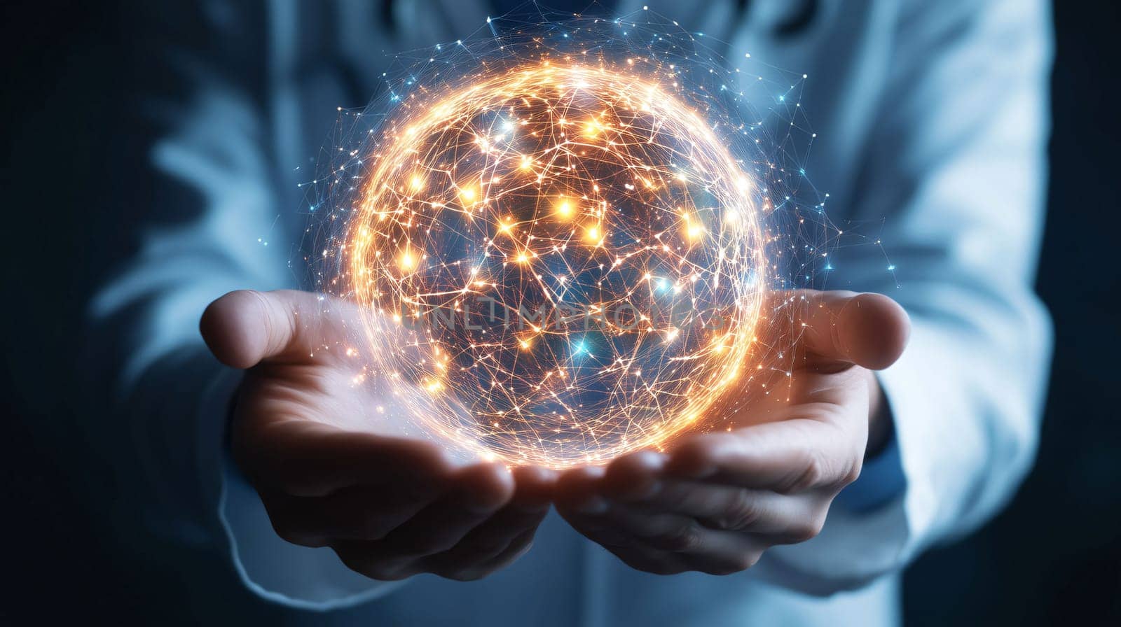 Doctor is holding a virtual global network in their hands, symbolizing innovation in healthcare technology
