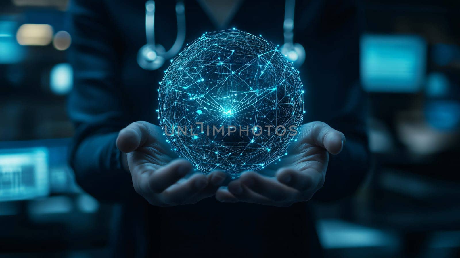 Doctor is holding a glowing globe of medical data representing global healthcare, research, and technology