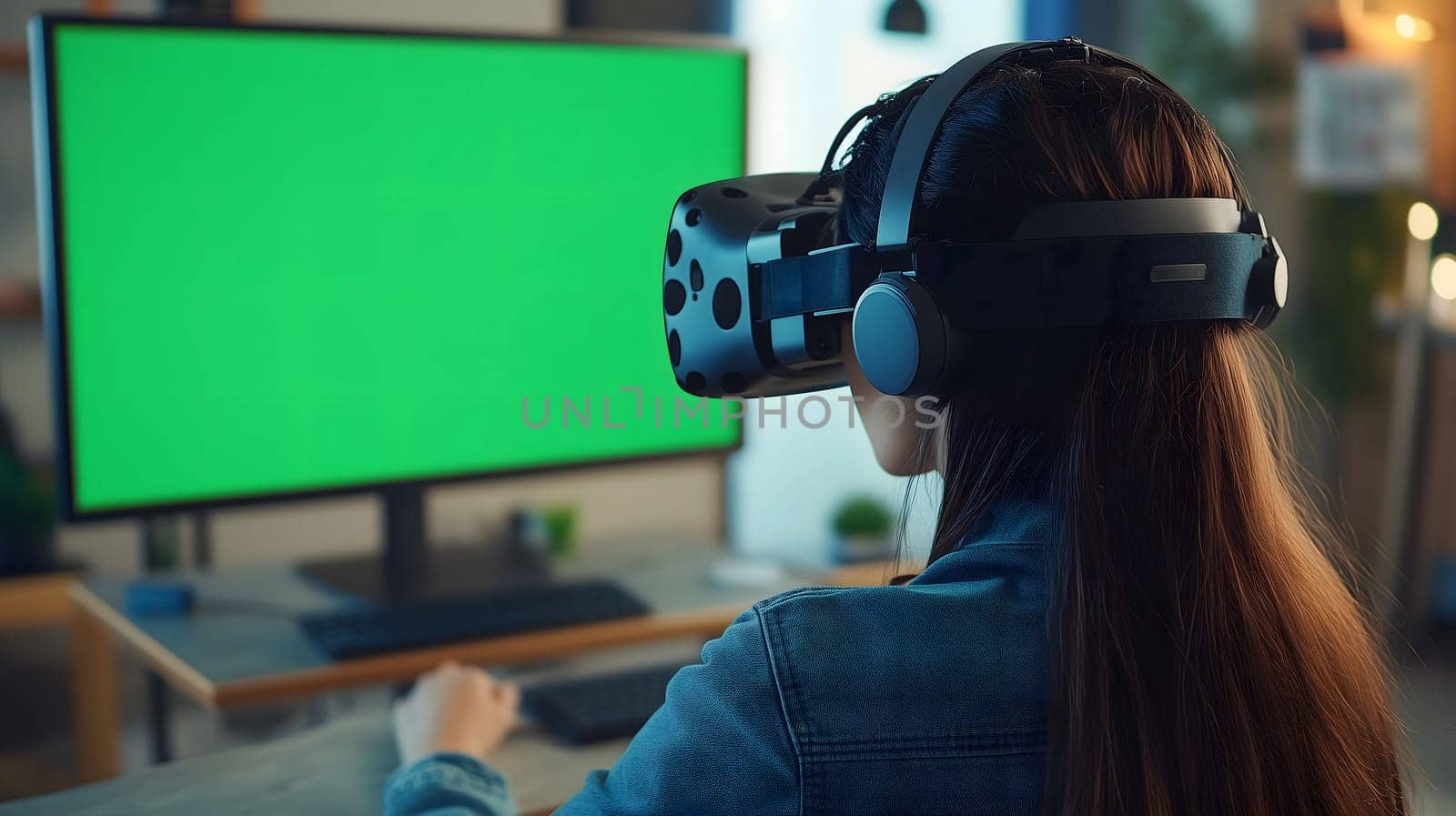 Software developer is analyzing code on a computer monitor with a green screen while wearing a vr headset