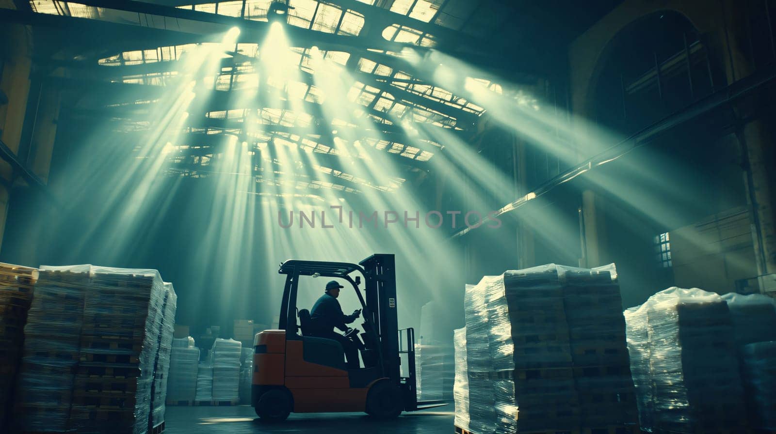 Warehouse worker is driving a forklift and moving pallets in a logistics center with sunrays coming in from the roof