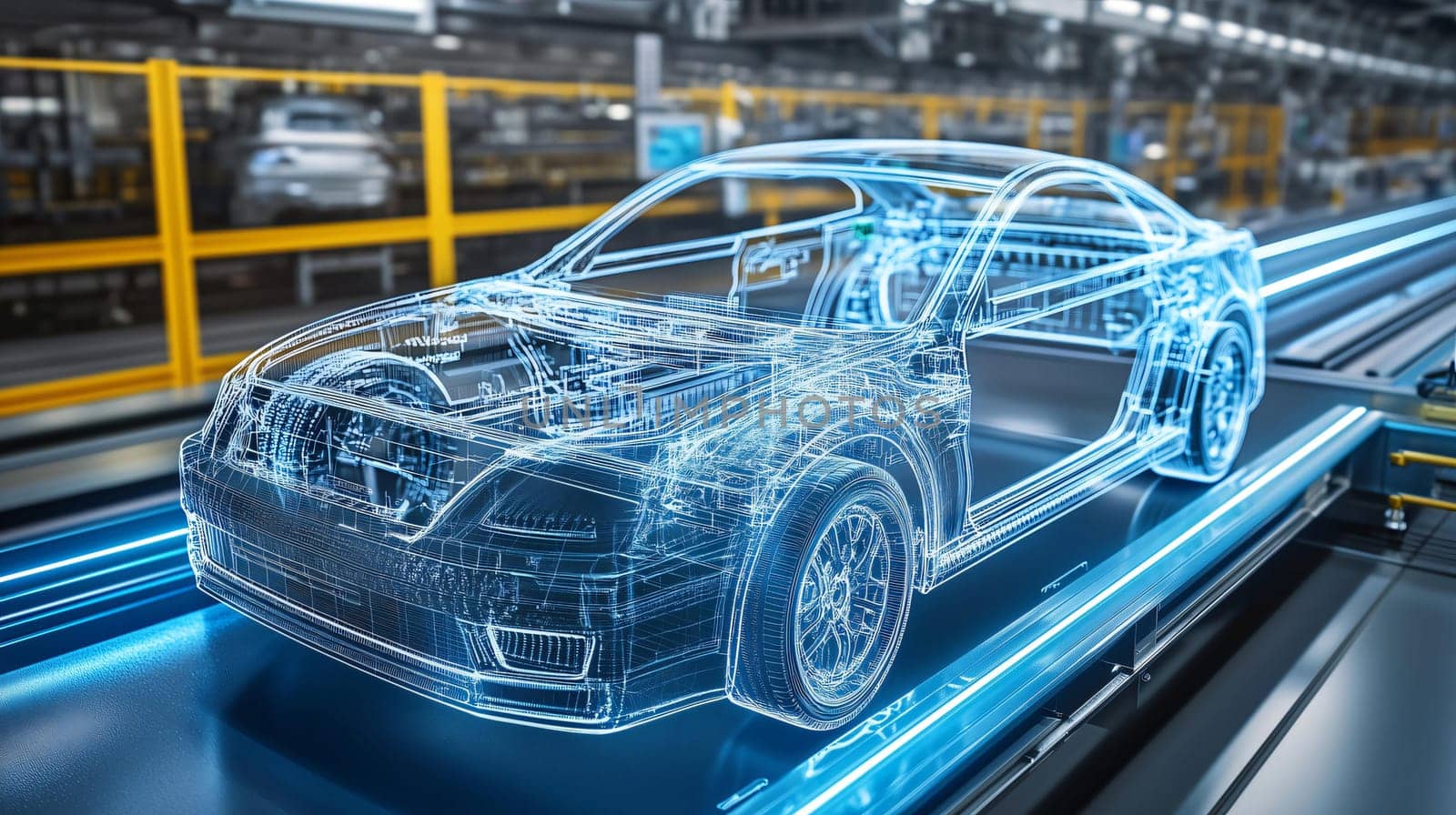 Futuristic concept of car design is being presented on a production line