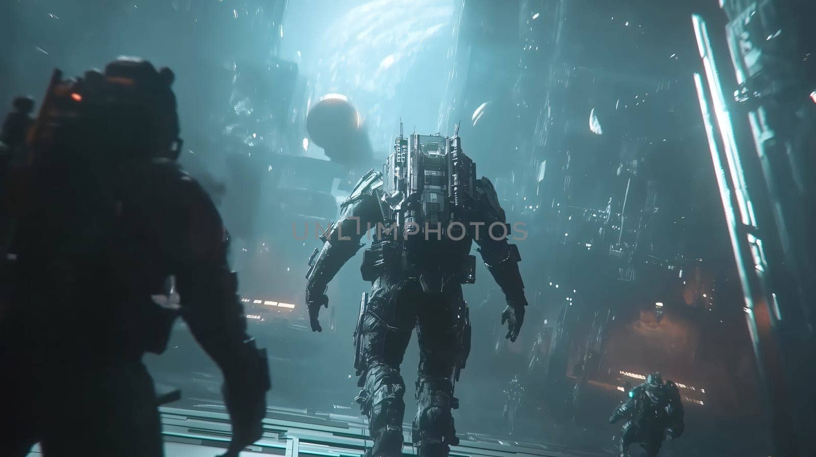 Team of astronauts is exploring a futuristic alien city with advanced technology