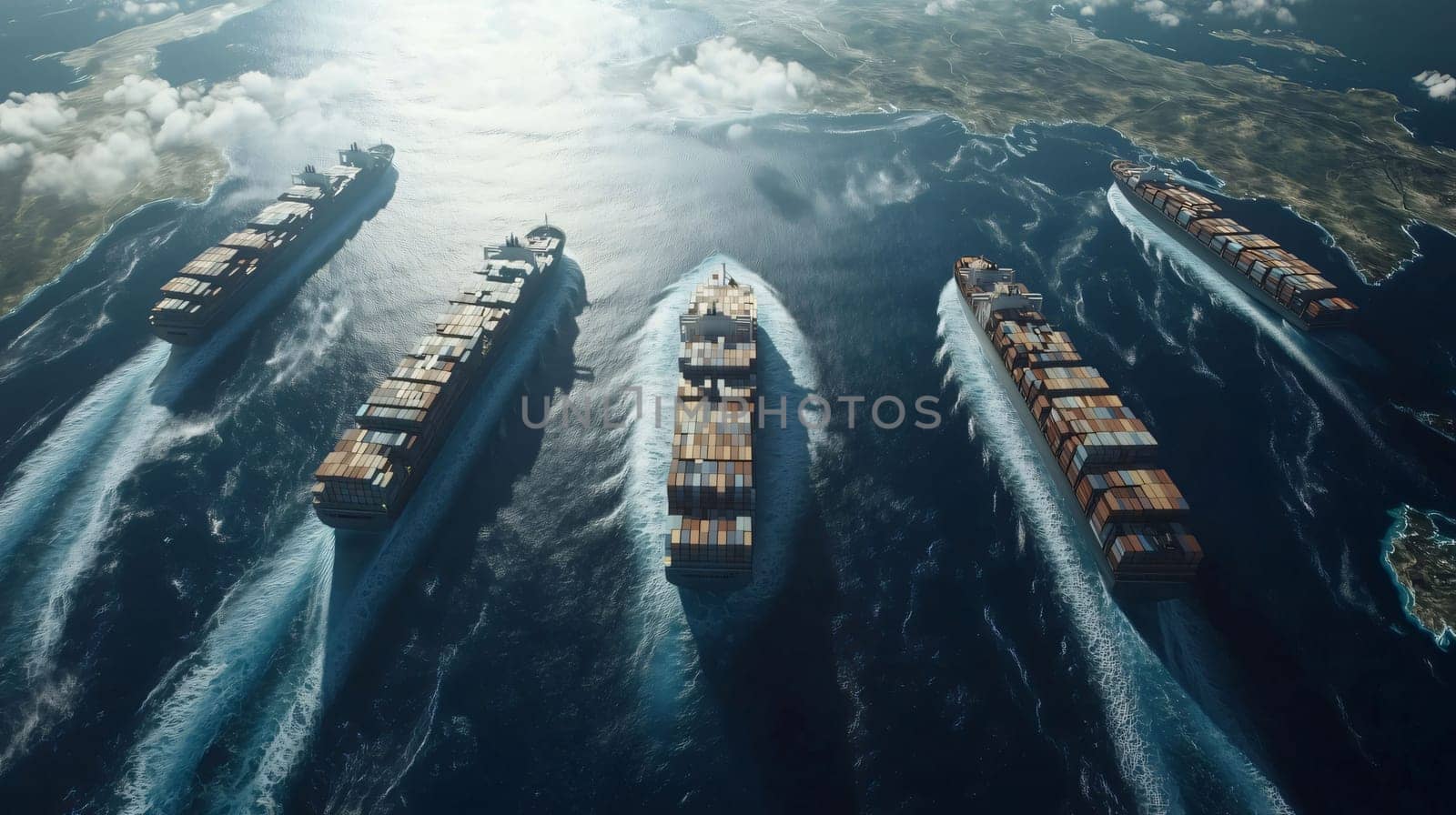 Five cargo ships are sailing across a vast ocean, leaving a trail of white water in their wake