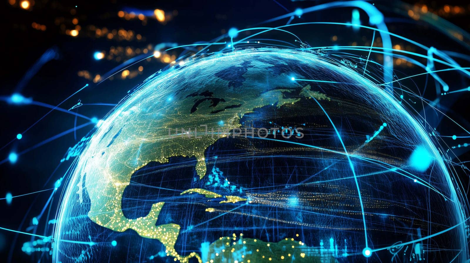 Illuminated globe showing network of connections over north and south america at night