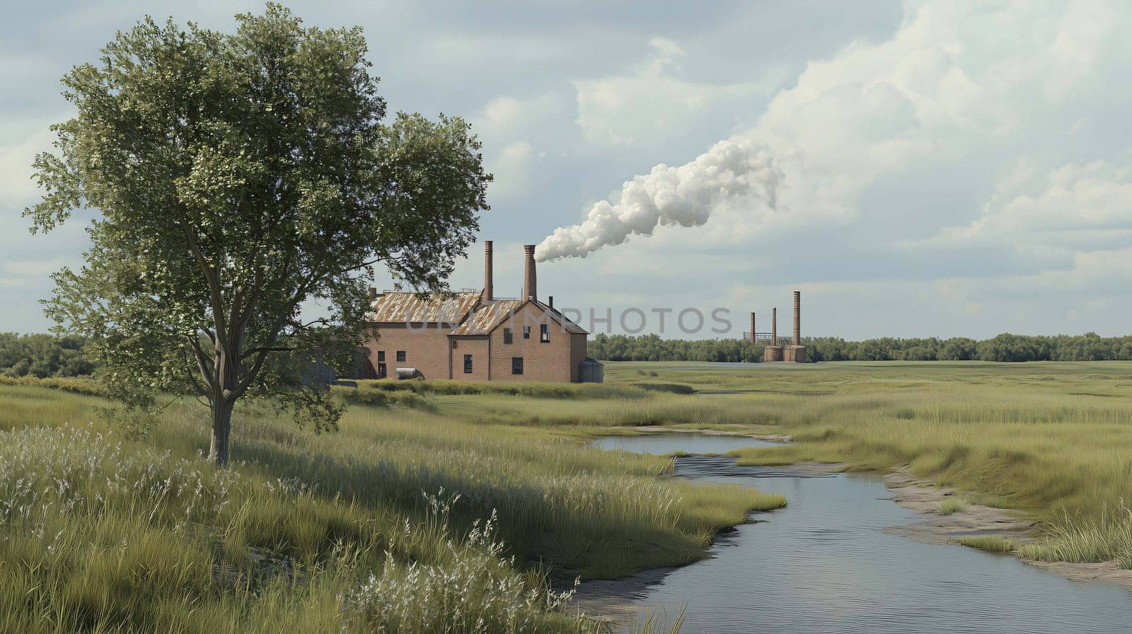 Smoke coming out of industrial chimneys near a river and green grass fields