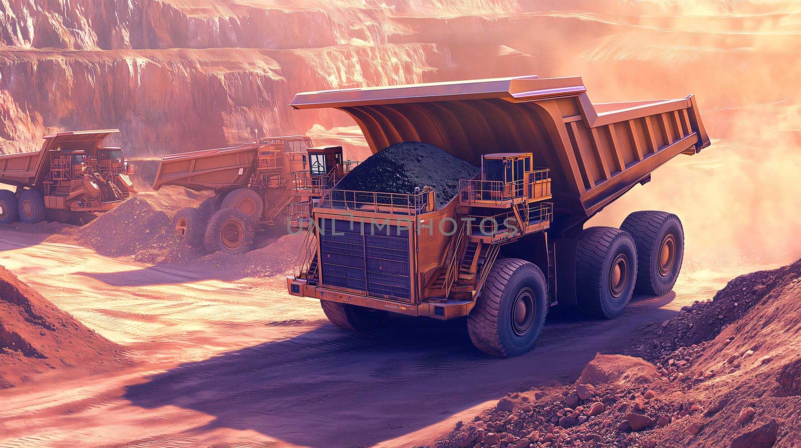 Large mining truck is unloading coal in an open pit mine