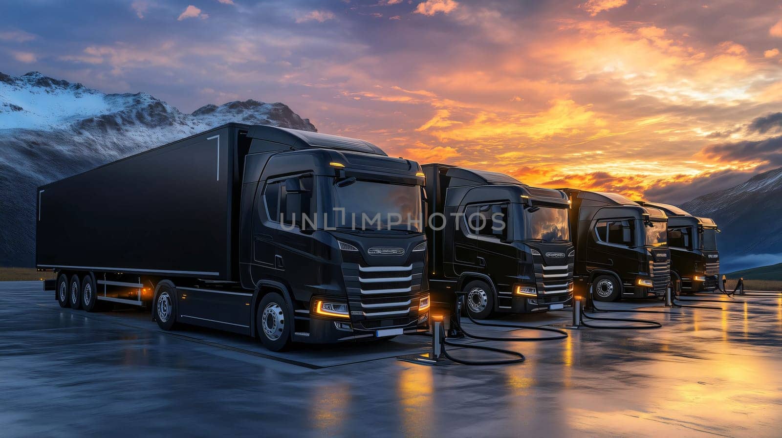 Row of modern electric semi trucks charging their batteries at an industrial charging station