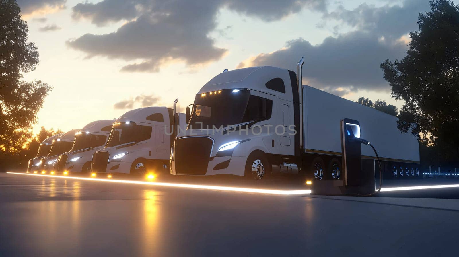 Line of generic electric semi trucks charging their batteries at an electric charging station
