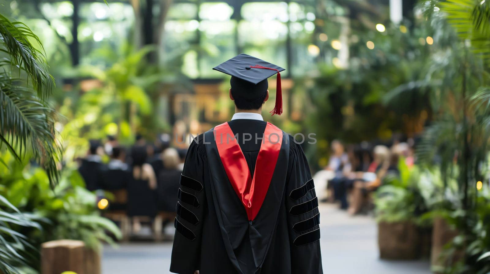 Graduate in cap and gown walking towards the stage at his graduation ceremony
