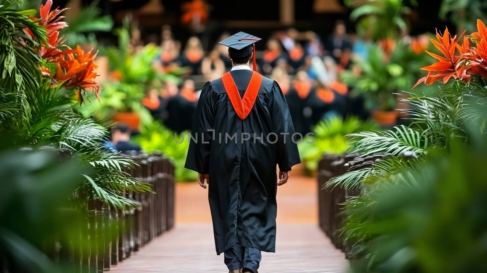Graduate wearing a cap and gown is walking towards the stage at his graduation ceremony