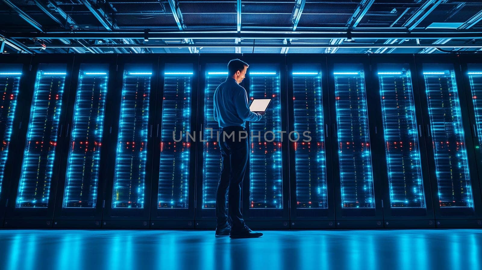 It engineer working on a laptop in a data center, surrounded by server rack cabinets