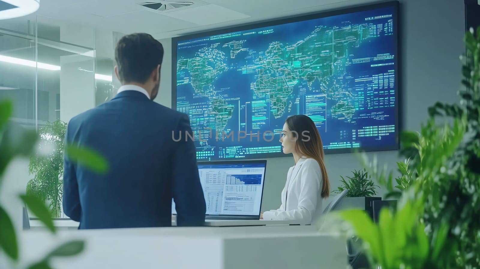 Businesspeople analyzing data shown on big screen displaying global map and various information for business analytics