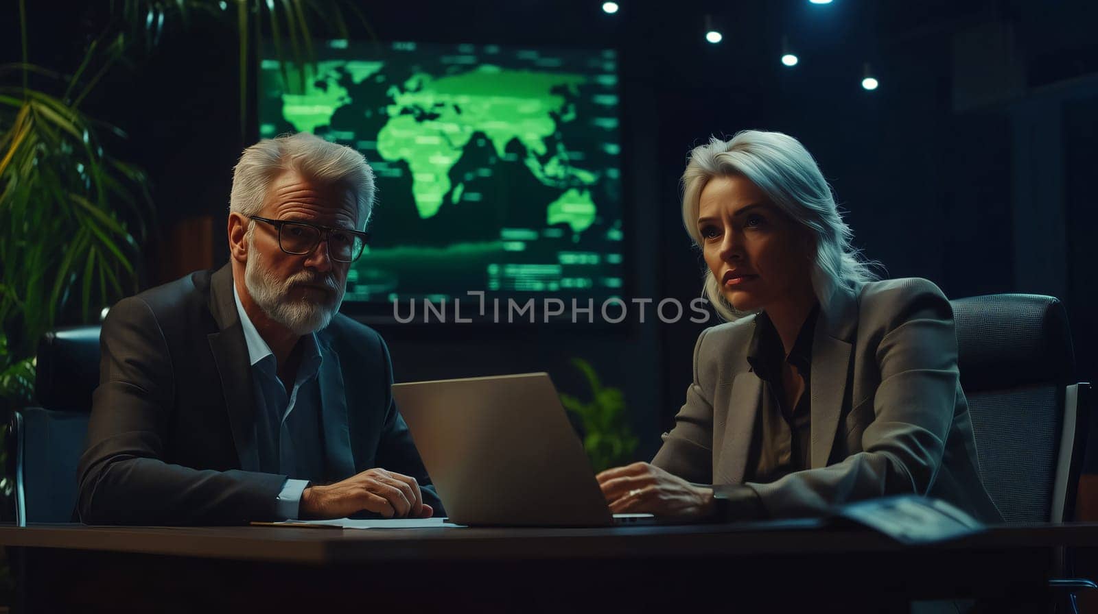 Two secret agents working late using laptop in monitoring room with world map on screen