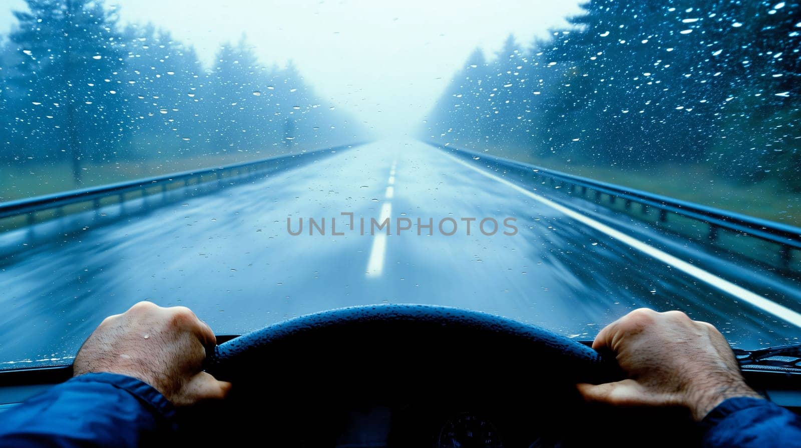 Man is driving on a highway in the rain, holding onto the steering wheel