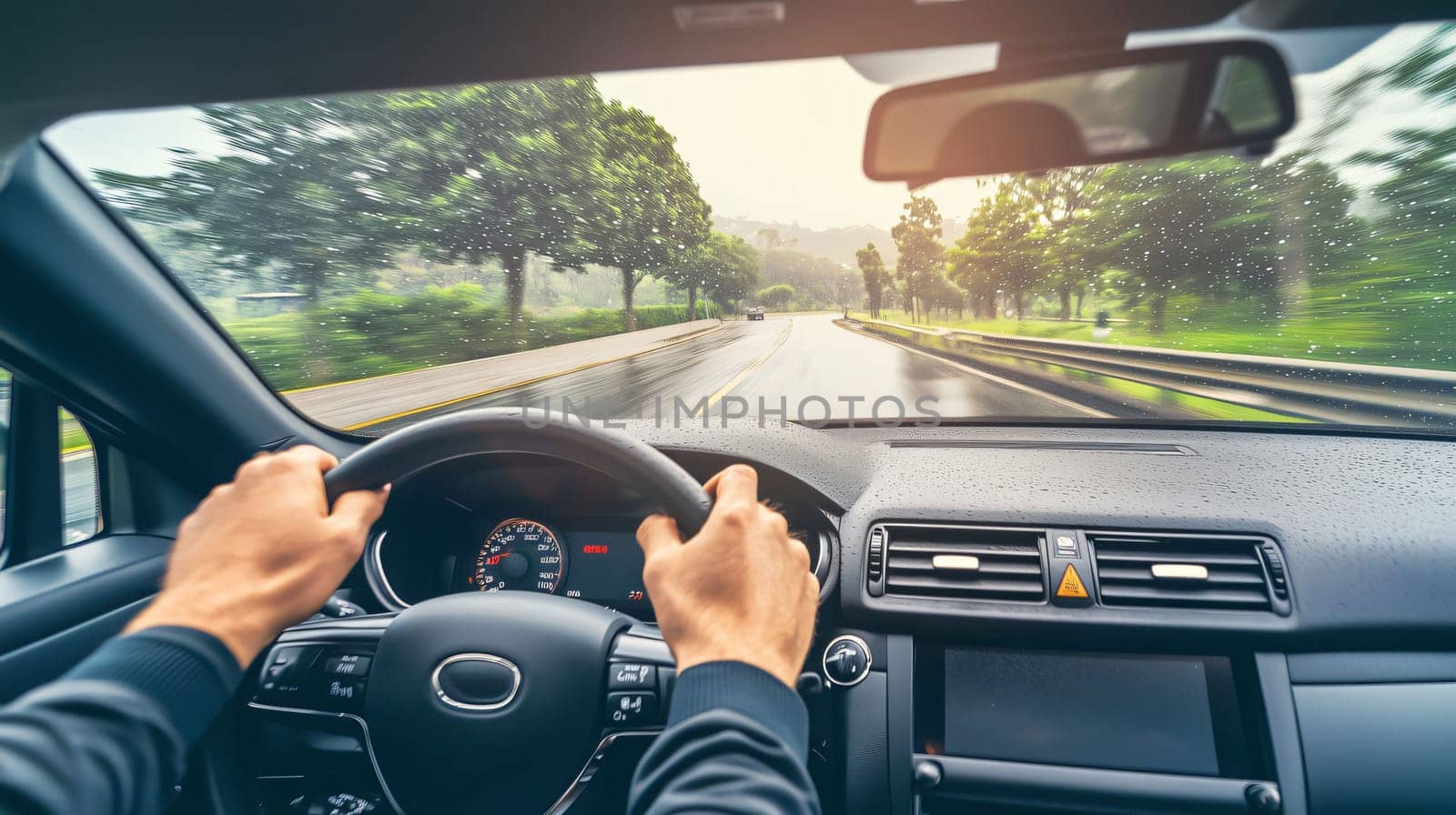 Driver is keeping his hands on the steering wheel while driving on a wet highway