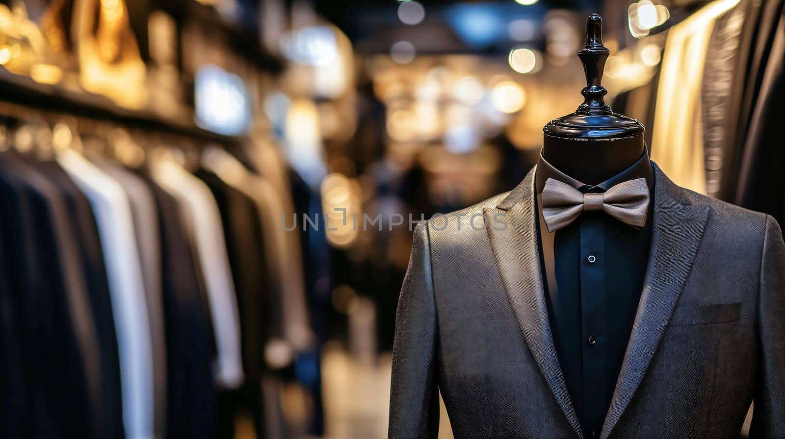 Elegant mannequin is wearing a suit and bow tie in a retail store