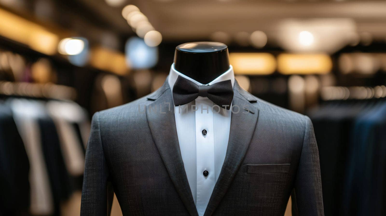 Elegant gray suit with bow tie is displayed on a mannequin in a menswear store