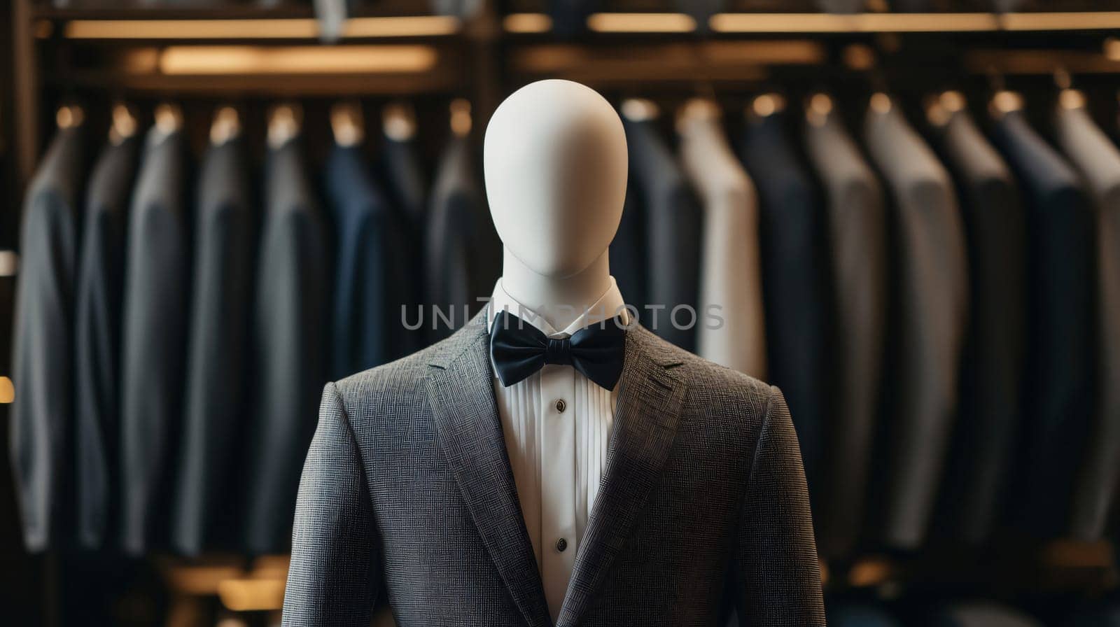 Male mannequin is wearing an elegant suit and bow tie in a tailoring store