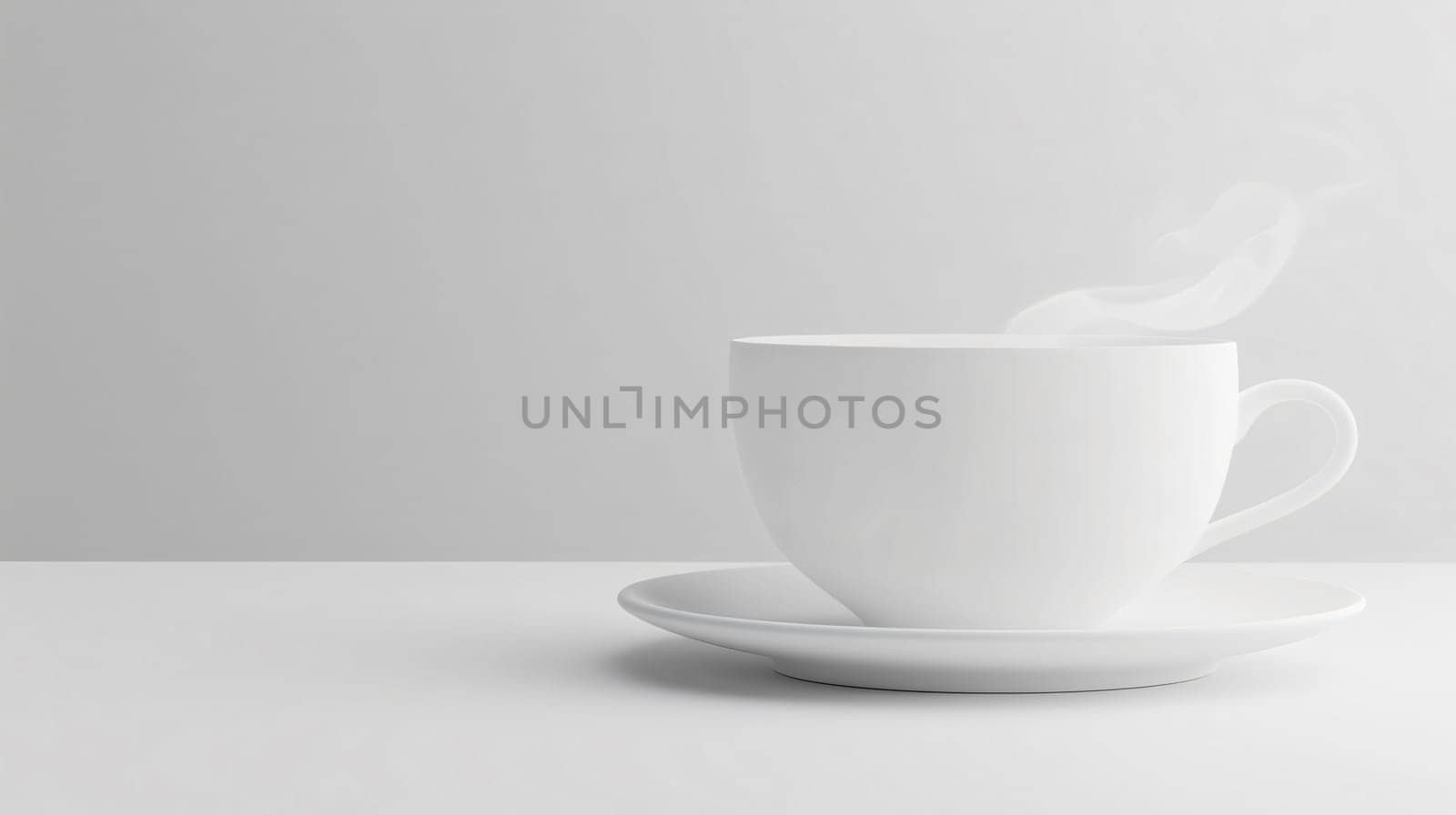 Steaming white coffee cup sits on a saucer, against a minimalist white background