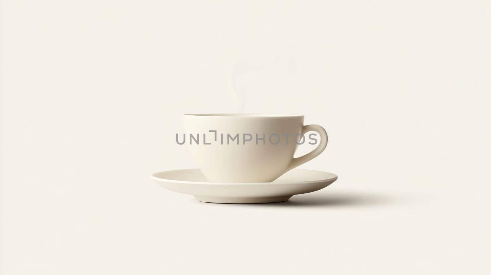 Steaming cup of coffee is sitting on a saucer on a minimalist off-white background