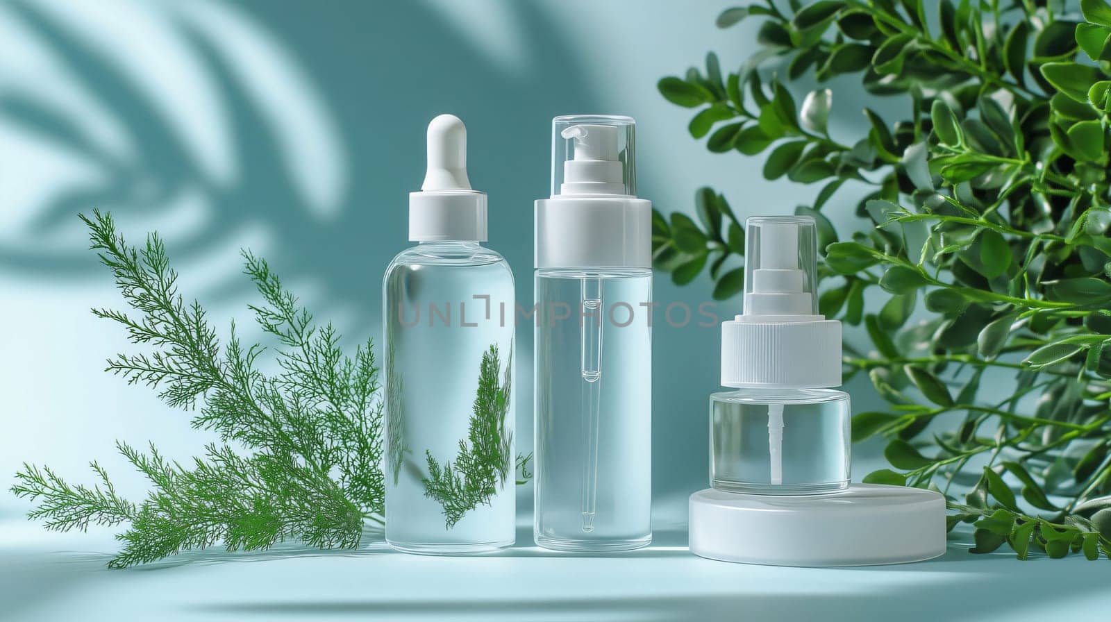 Three transparent bottles containing cosmetic products are standing on a blue background with plants and their shadows