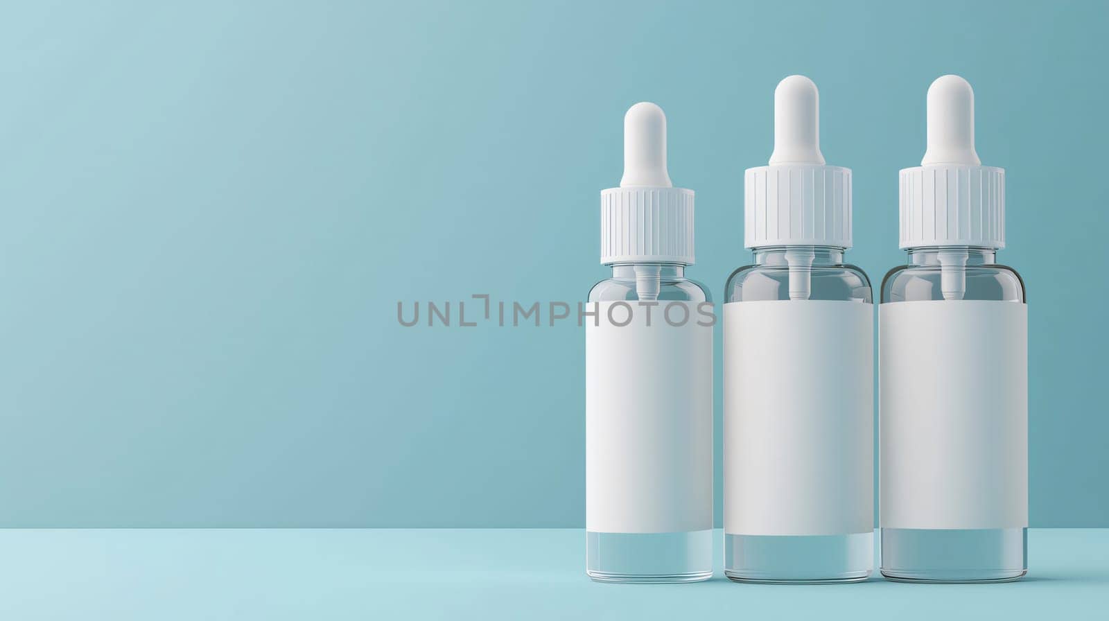 Three transparent skincare bottles with white labels and droppers are standing on a blue background