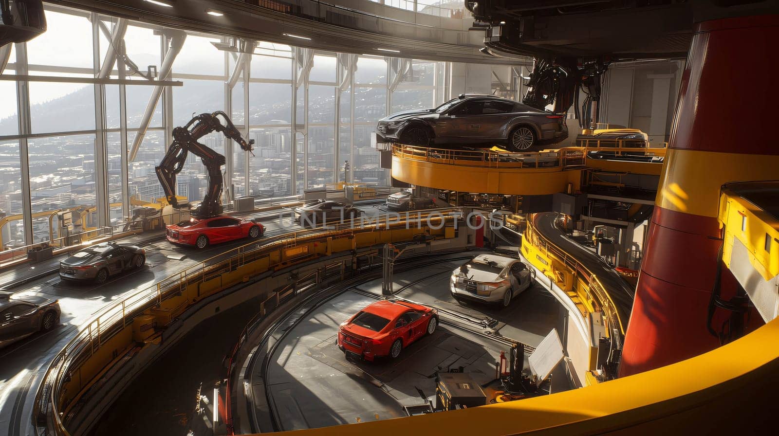 Futuristic car factory with robotic arms manufacturing cars on an assembly line