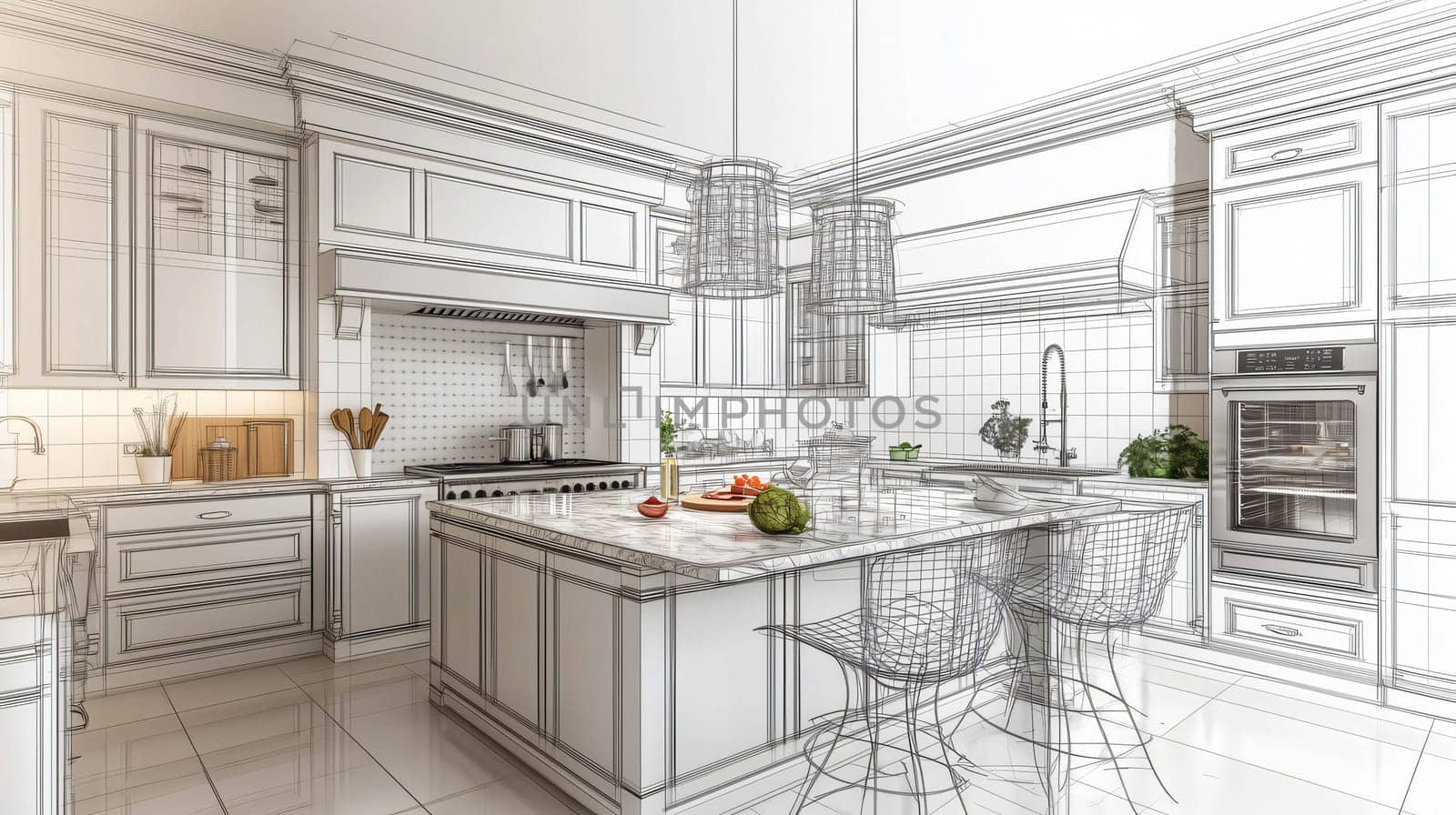 Architect showing a modern kitchen design with island, cabinets, oven and extractor hood