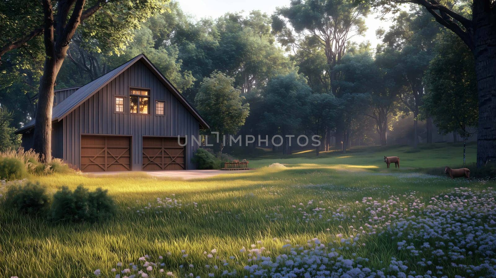 Serene and picturesque scene of a modern wooden barn house nestled in a lush green forest, as the sun sets, casting a warm glow on the surroundings