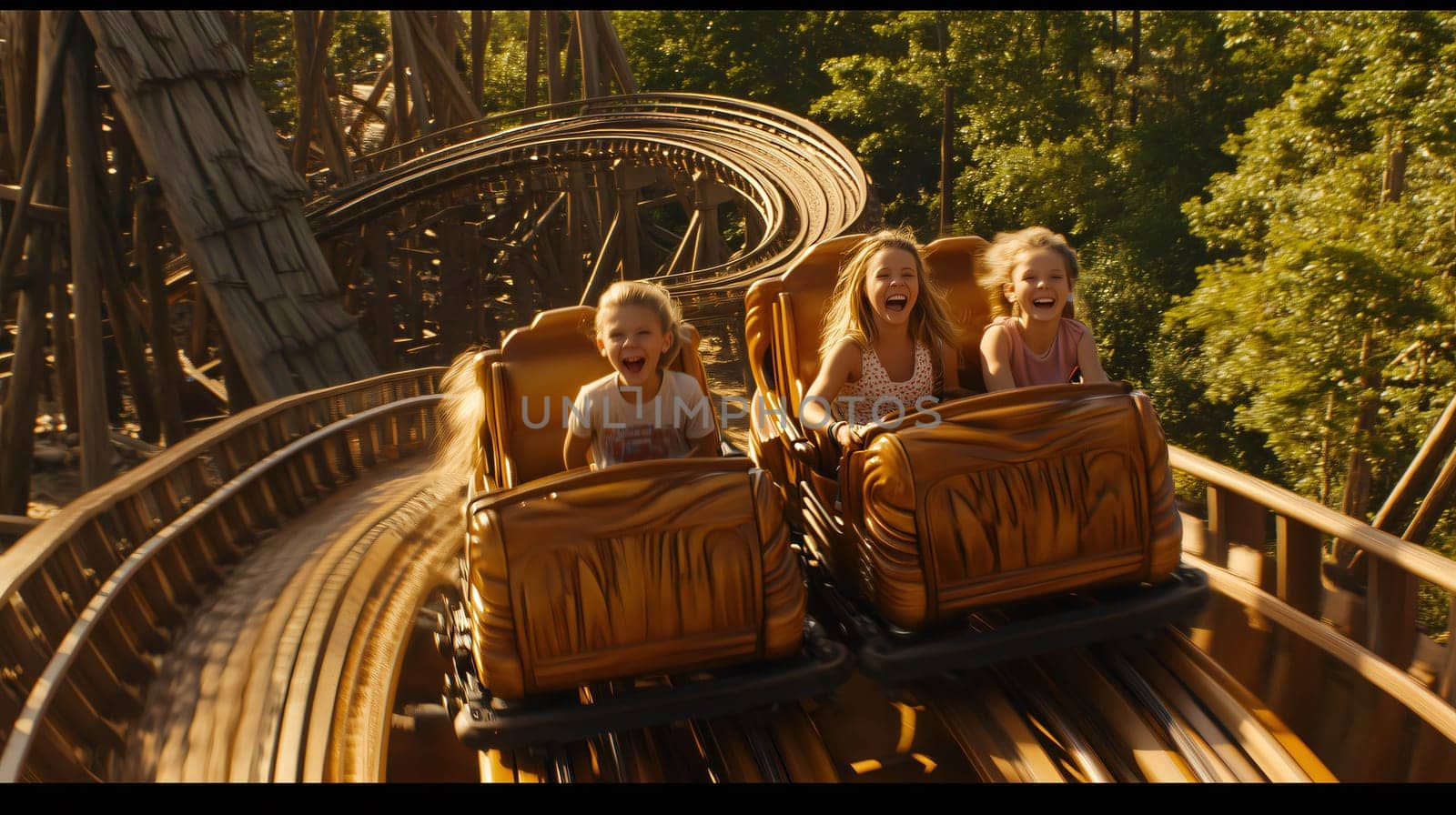 Three girls are screaming and laughing while riding a wooden roller coaster at an amusement park