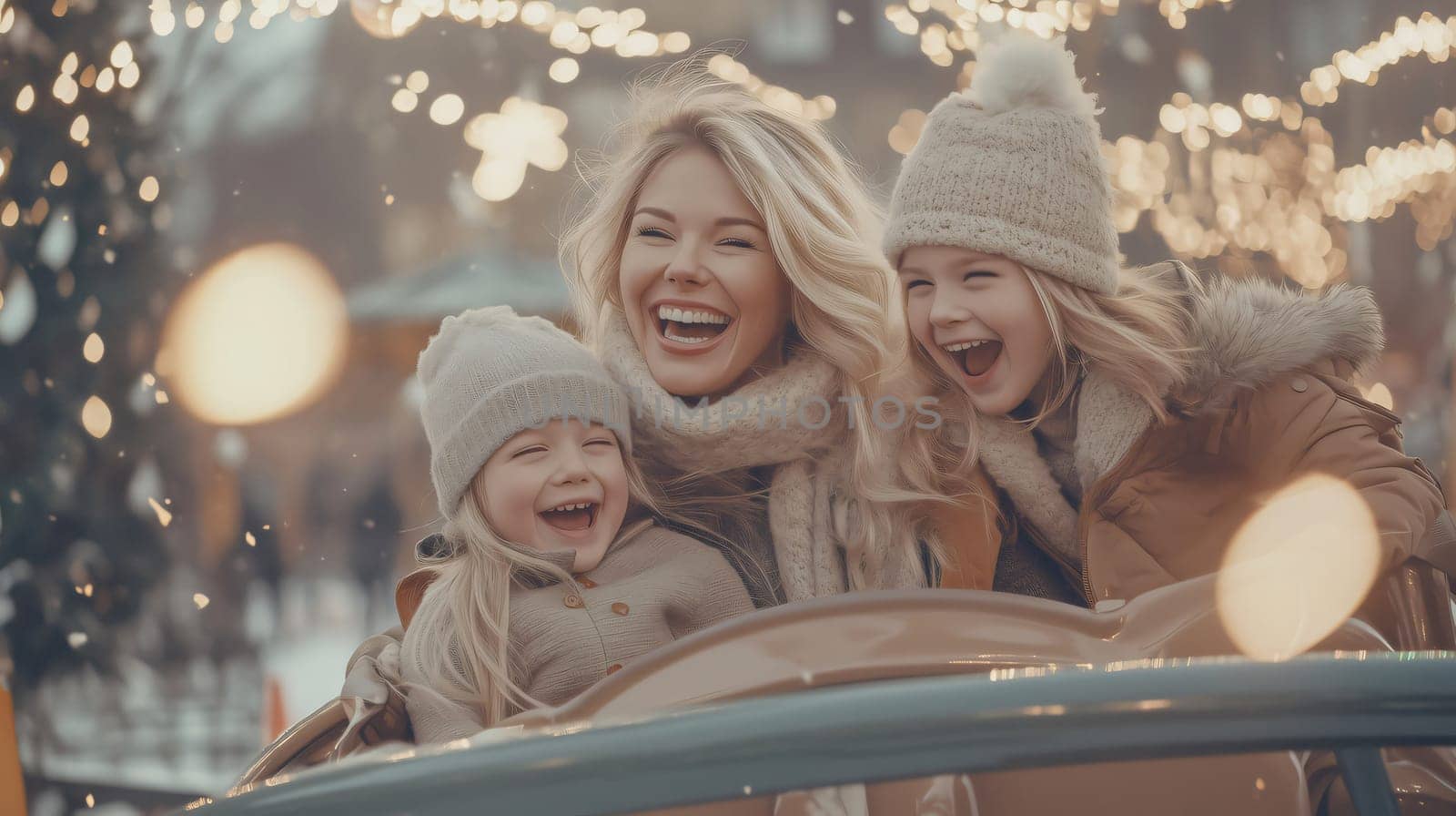 Mother and her two daughters are laughing and having fun while riding a carousel at a christmas market