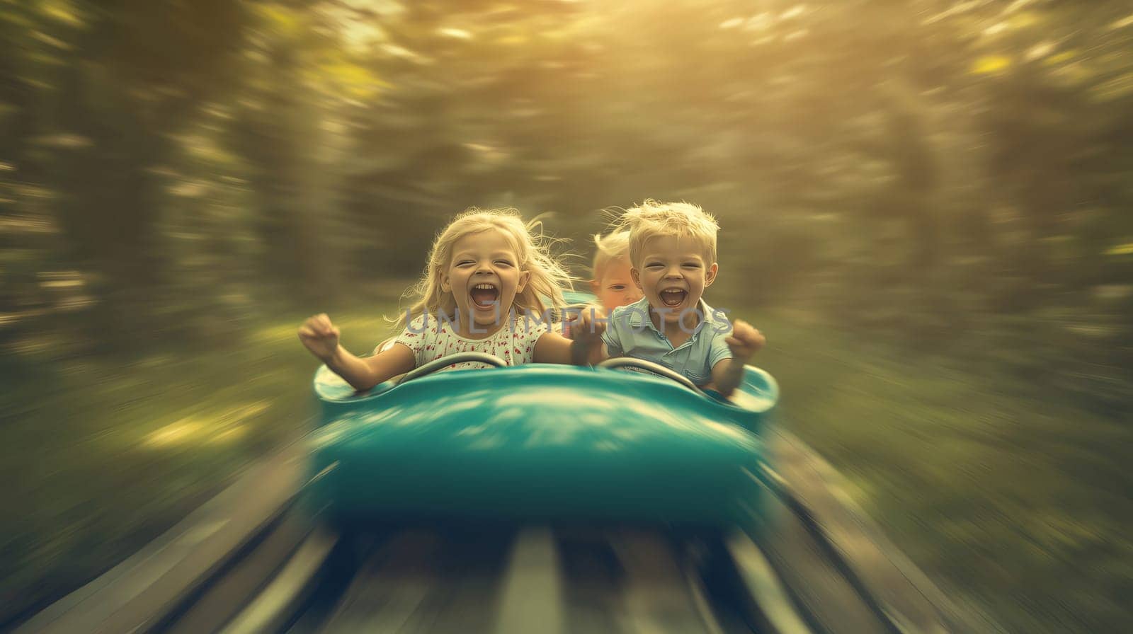 Three young children having fun riding a rollercoaster in an amusement park
