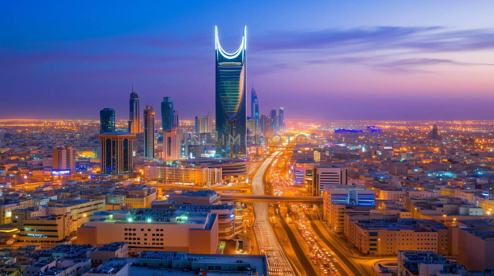 The riyadh skyline is illuminated at dusk, showcasing the kingdom centre and the bustling city below