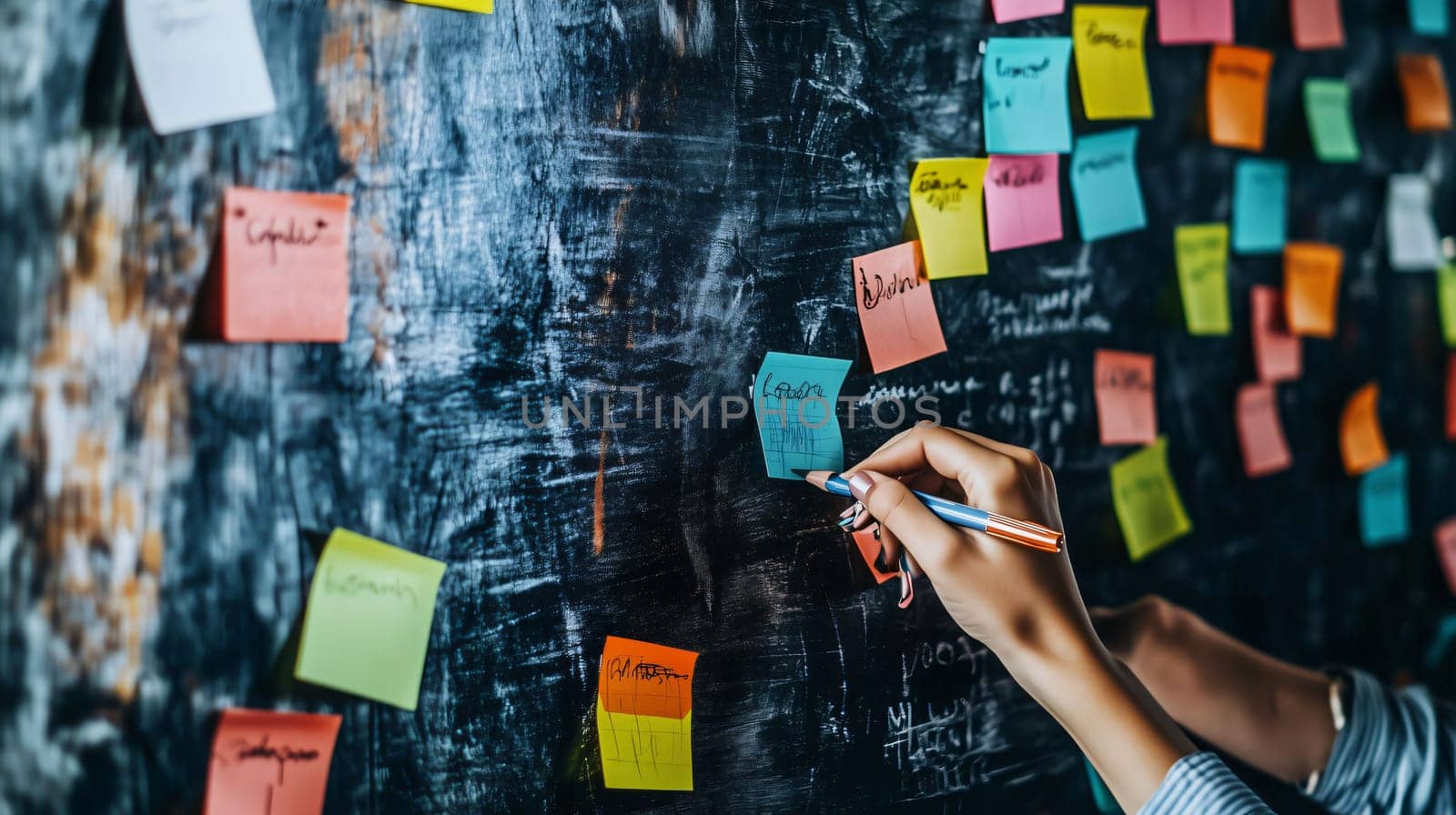 Businesswoman is writing on a blue sticky note on a blackboard full of colorful sticky notes