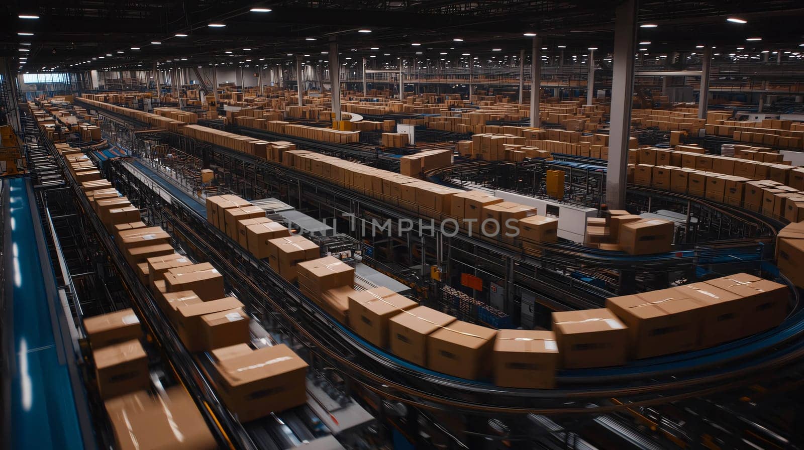 Cardboard boxes are moving along a conveyor belt in a distribution warehouse