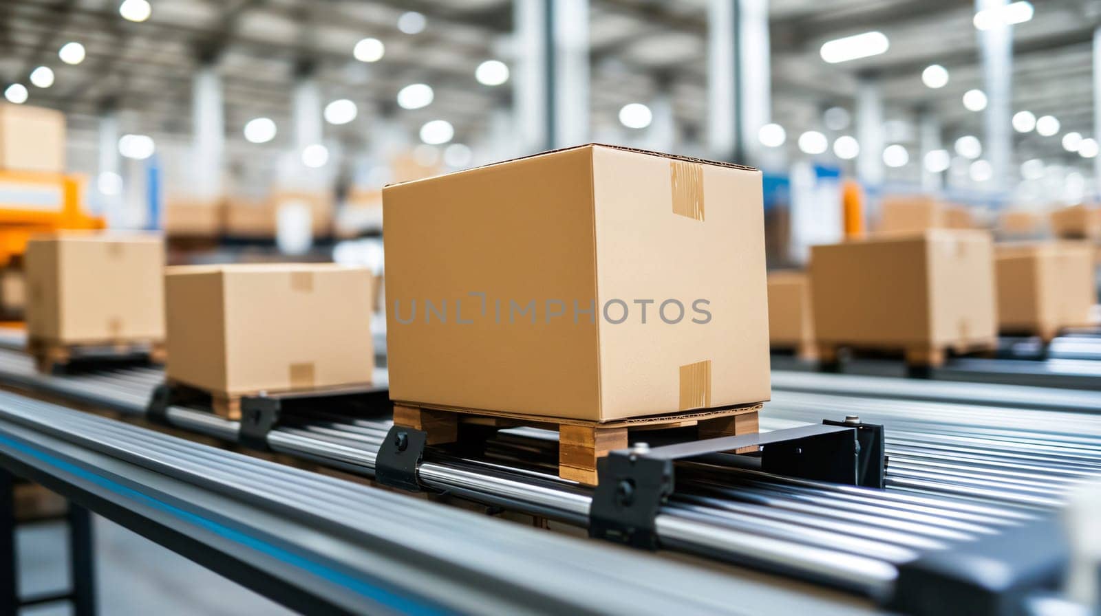 Cardboard boxes moving on a conveyor belt in a distribution warehouse, concept of logistics and merchandise shipping