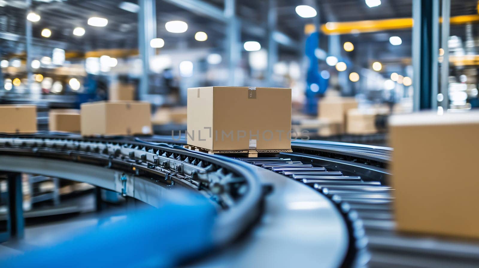 Cardboard boxes moving on a conveyor belt in a distribution warehouse
