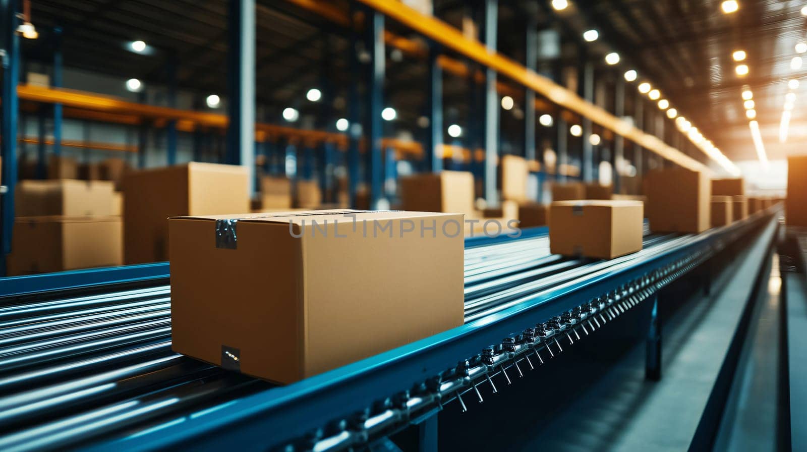 Cardboard boxes moving on a conveyor belt in a distribution warehouse