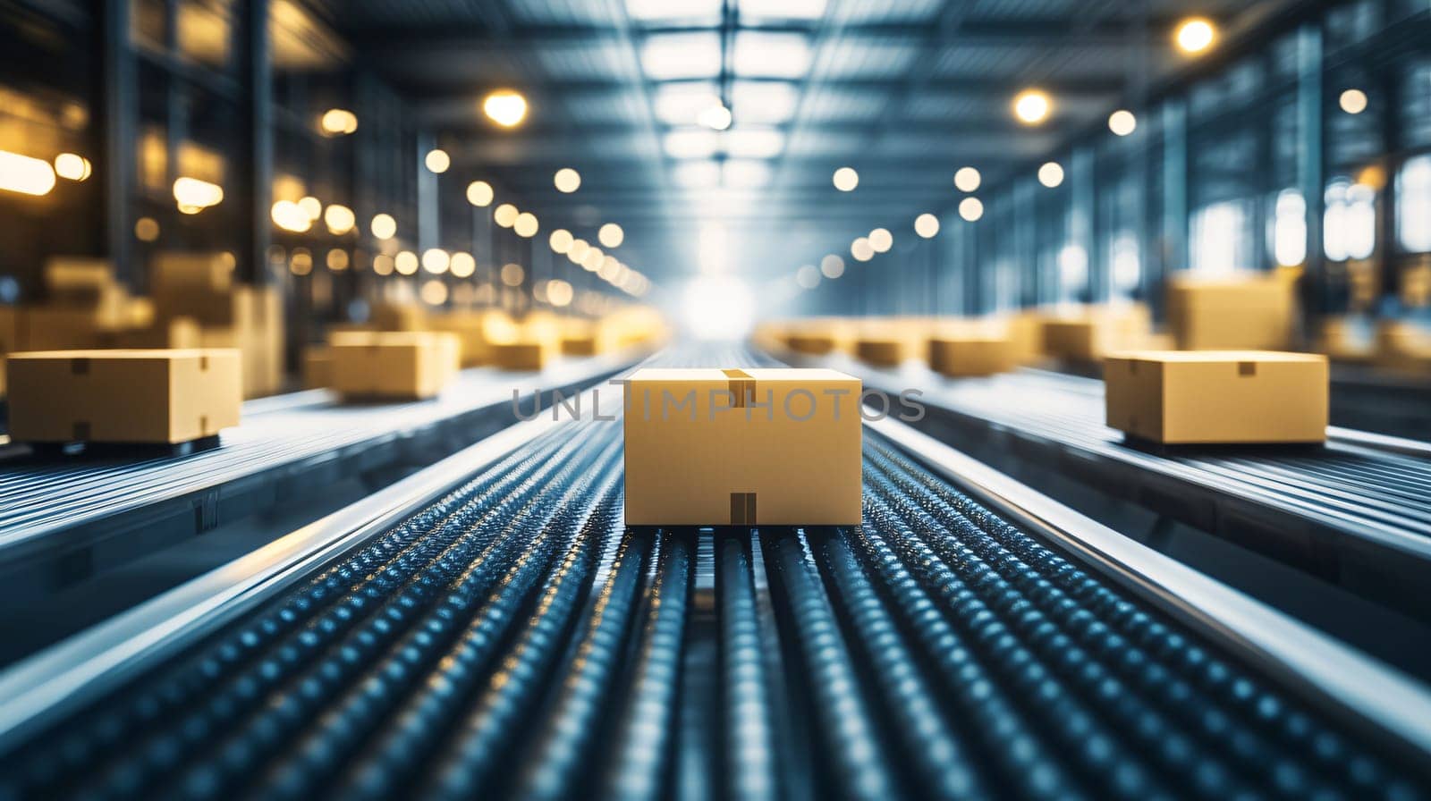Cardboard boxes are moving on a conveyor belt in a distribution warehouse