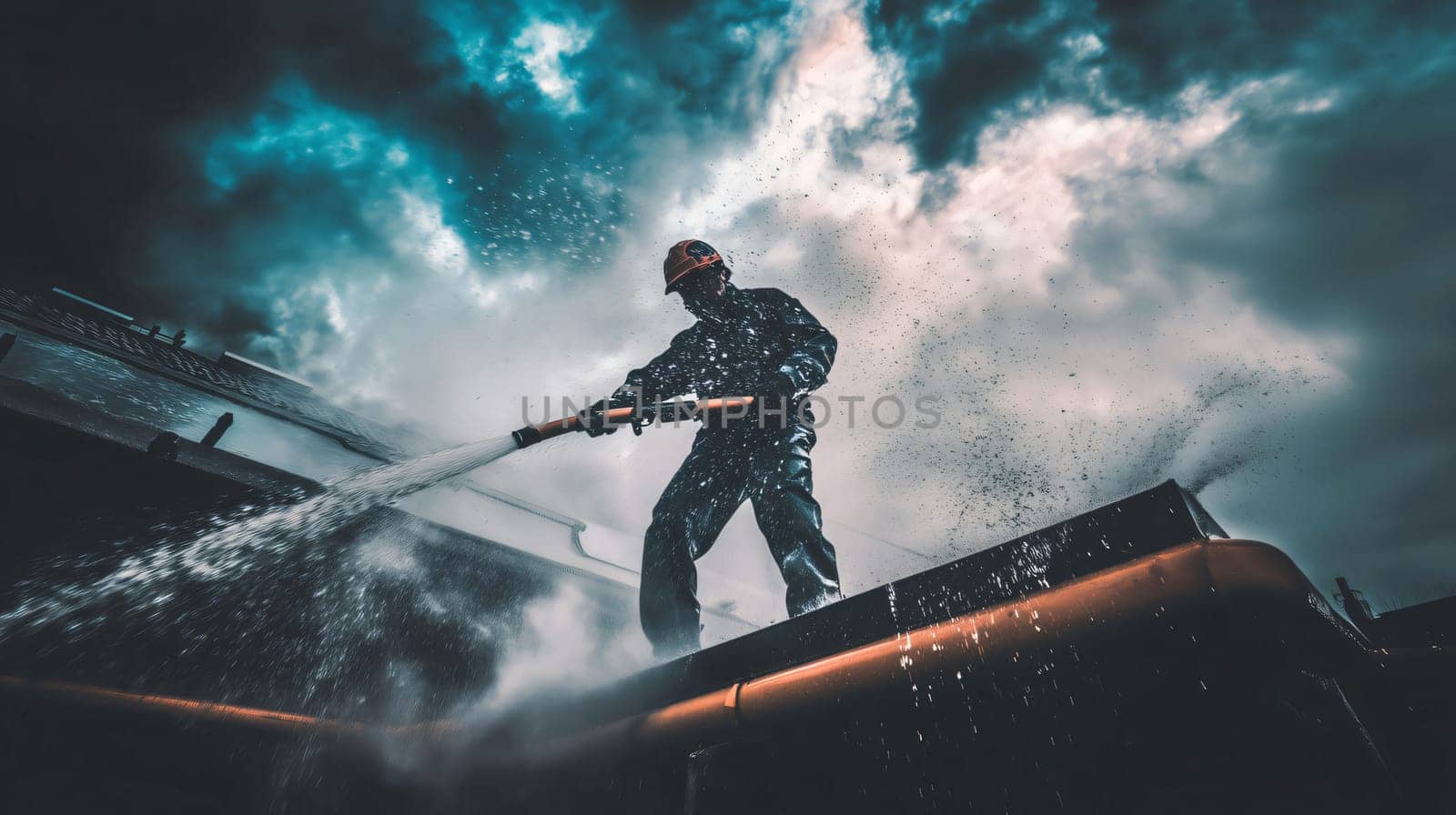 Firefighter in uniform holding hose and spraying water on burning building on cloudy day