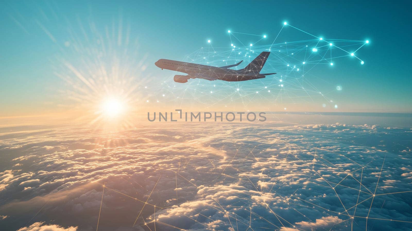 Plane is flying above the clouds at sunset, connected by a network of lines and dots