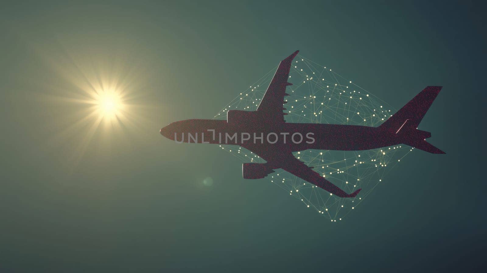 Airplane flying high in sky connected by network of dots representing global travel and communication